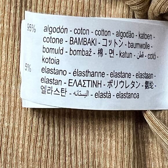 Zara Size Medium Tan Rib Knit Distressed Basic Fitted TShirt Top Cotton Stretch - Picture 8 of 10